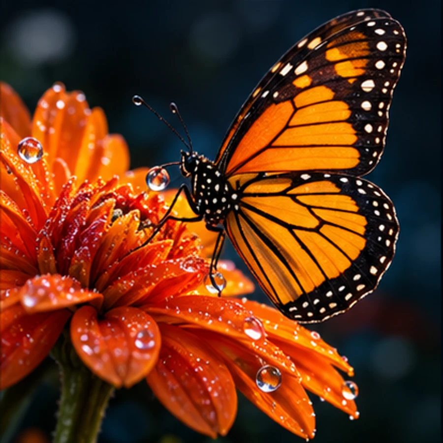 Sharp butterfly macro photo with vivid orange flower detail