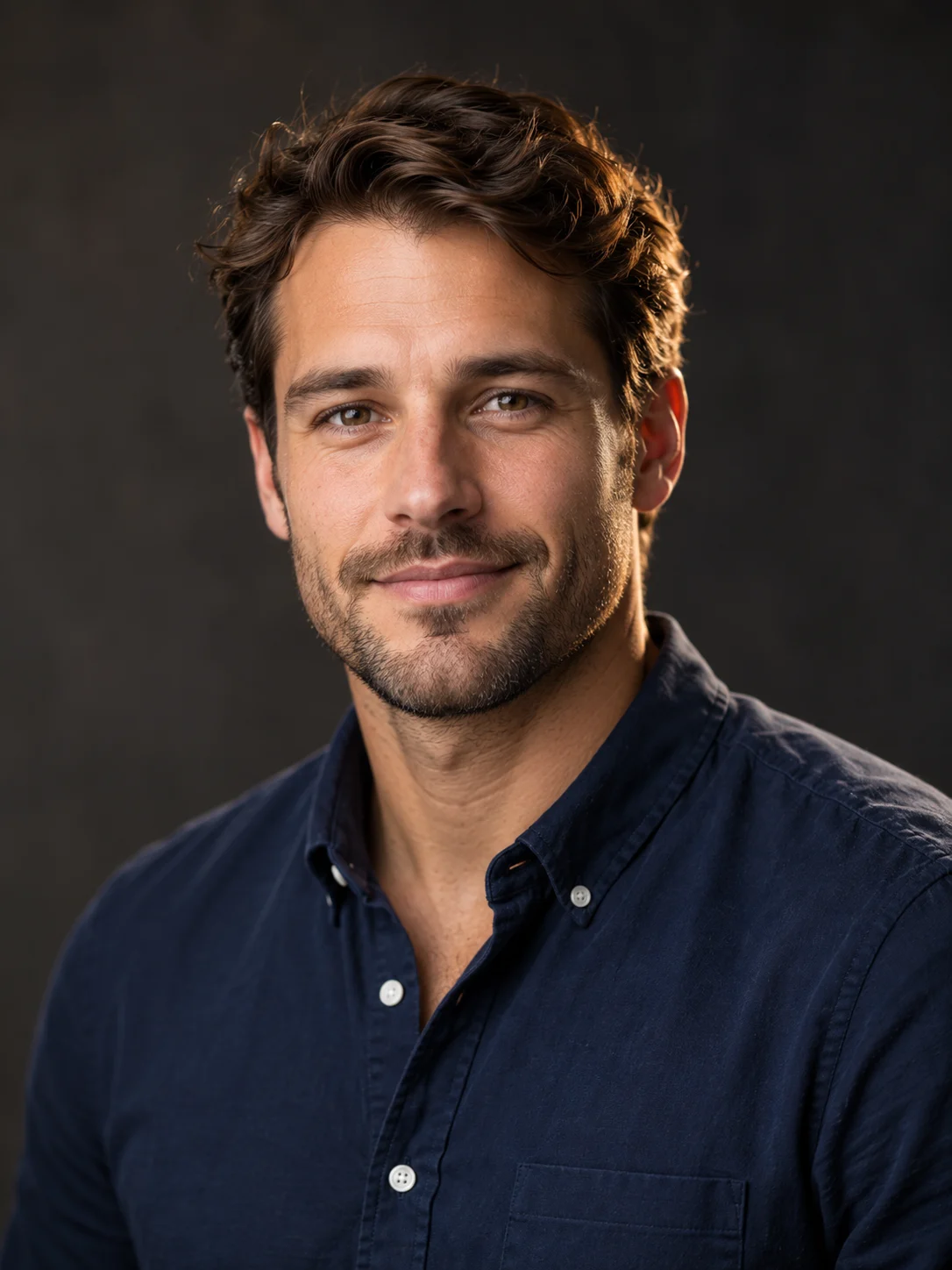 Smart-casual AI headshot with warm rim light